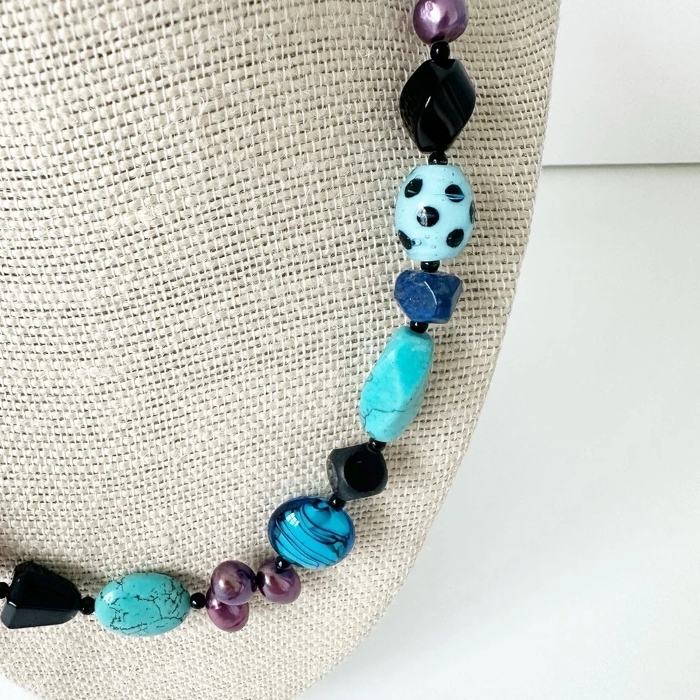 NWT Genuine Turquoise, Lapis, Black Onyx, Murano Glass & Pearls Necklace Blue